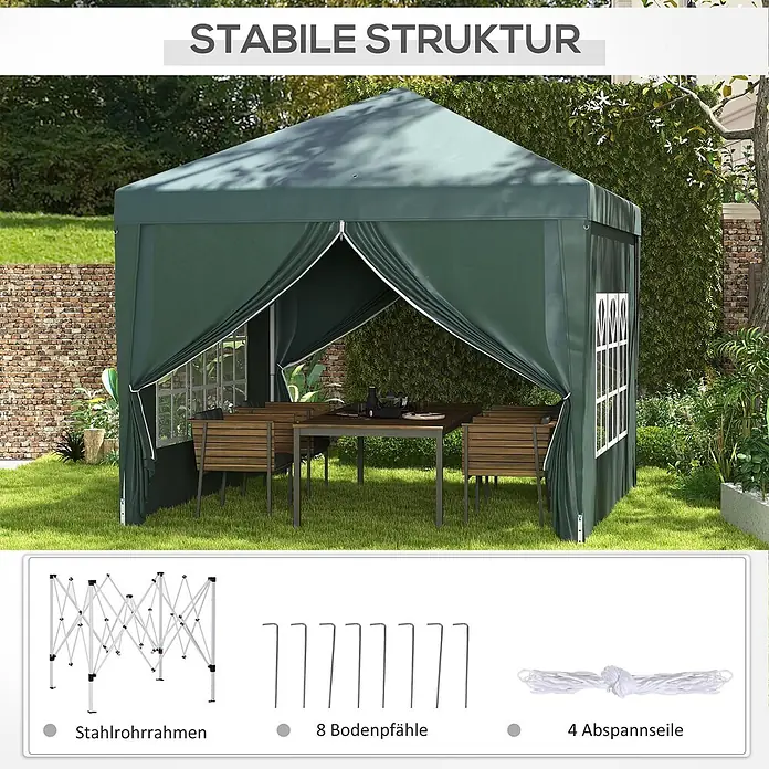 Outsunny Faltpavillon - B x T: 2,95 x 300 cm, Farbe Dach: Grün - Grüner Faltpavillon im Garten mit Tisch und Stühlen. Inklusive Stahlrohrrahmen, 8 Bodenpfählen und 4 Abspannseilen.
