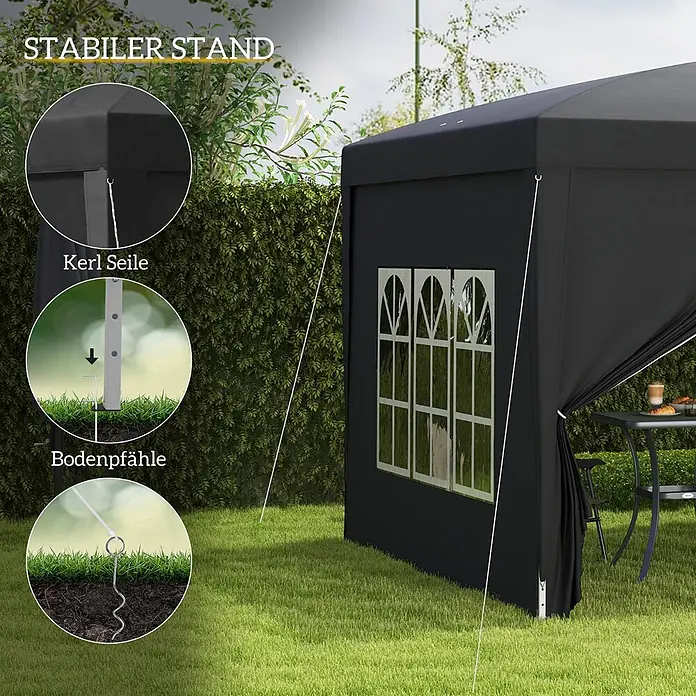Outsunny Faltpavillon - B x T: 295 x 300 cm, Farbe Dach: Schwarz - Schwarzes Festzelt mit Detailansichten von Abspannseilbefestigung, Bodenstangenverankerung und spiralförmigem Erdnagel für stabilen Stand.