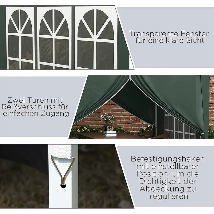 Outsunny Faltpavillon - B x T: 2,95 x 300 cm, Farbe Dach: Grün - Grünes Partyzelt mit dekorativen Fenstern, Reißverschlusstüren und verstellbaren Befestigungshaken.