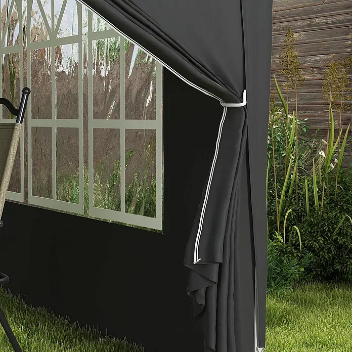 Outsunny Faltpavillon - B x T: 295 x 300 cm, Farbe Dach: Schwarz - Dunkelgraue Pavillon-Seitenwand mit Klarsichtfenster und zurückgezogenem Vorhang im Außenbereich.