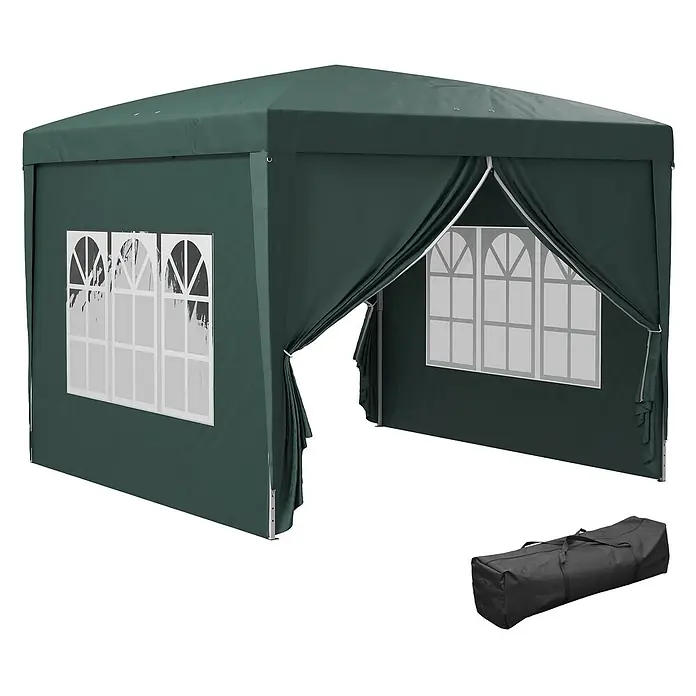 Outsunny Faltpavillon - B x T: 2,95 x 300 cm, Farbe Dach: Grün - Dunkelgrünes Partyzelt mit Bogenfenstern und offenem Eingang, dazu eine schwarze Tragetasche.