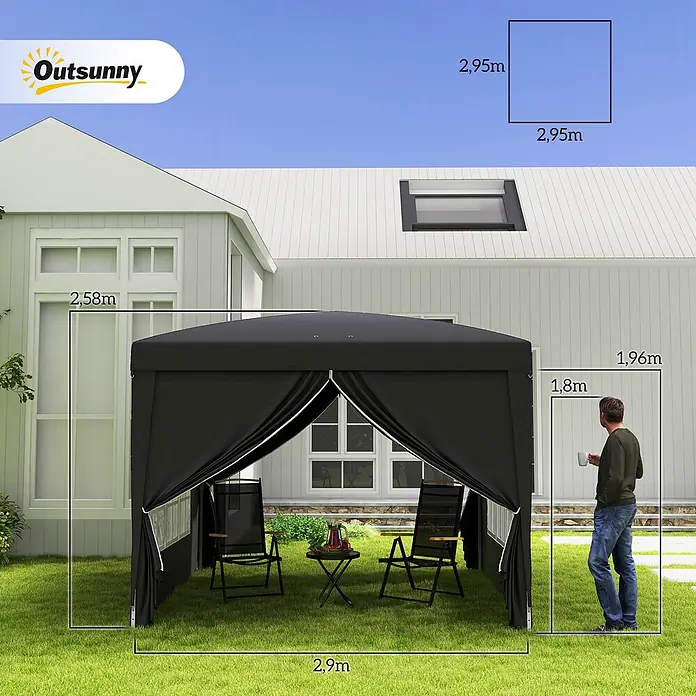 Outsunny Faltpavillon - B x T: 295 x 300 cm, Farbe Dach: Schwarz - Schwarzer Gartenpavillon mit Maßen und einer Person als Größenvergleich.