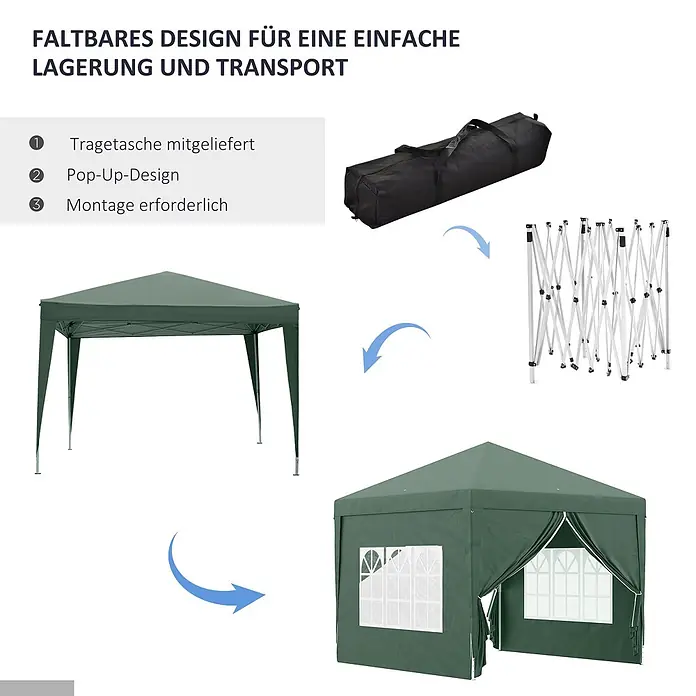 Outsunny Faltpavillon - B x T: 2,95 x 300 cm, Farbe Dach: Grün - Grünes Pop-Up-Pavillon, aufgebaut, sein zusammengeklapptes Gestell und eine schwarze Tragetasche, die das faltbare Design zeigt.