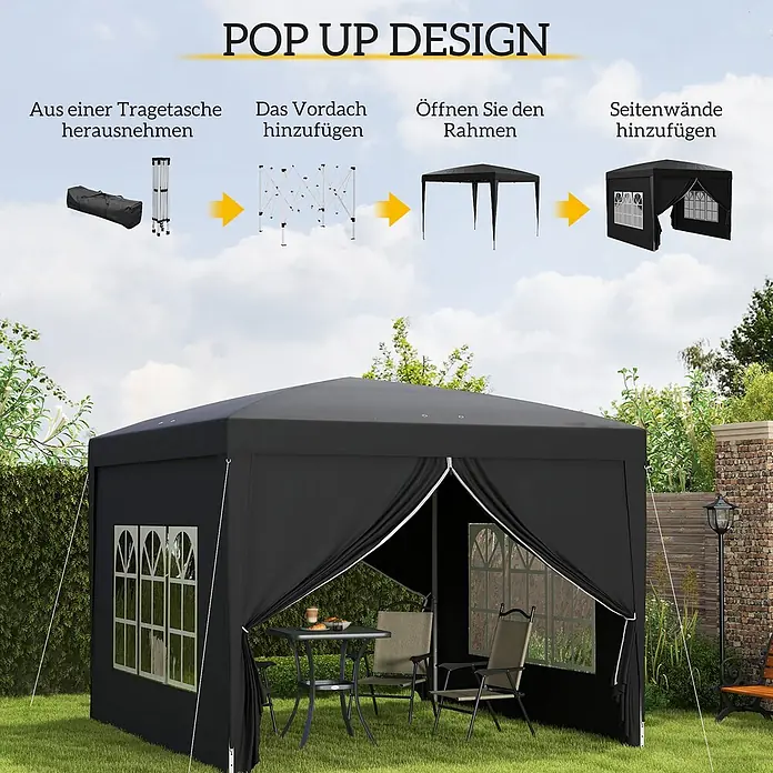 Outsunny Faltpavillon - B x T: 295 x 300 cm, Farbe Dach: Schwarz - Schwarzer Pop-Up-Pavillon mit Seitenwänden aufgebaut, dazu eine Infografik zur Montage.