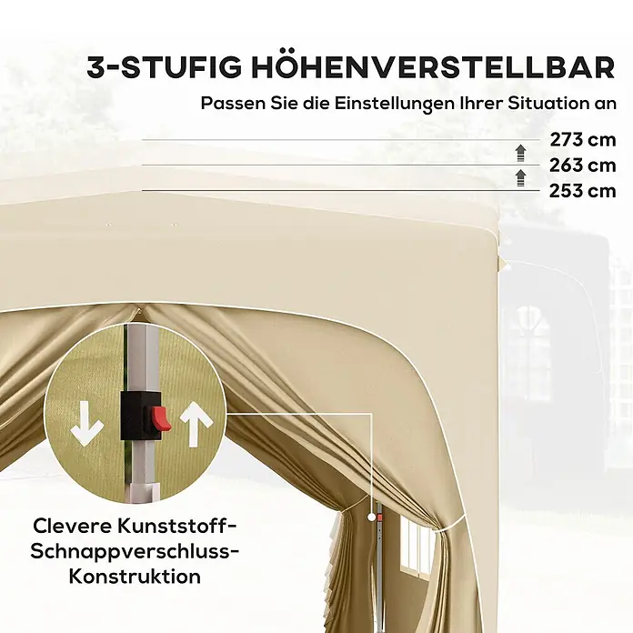 Outsunny Faltpavillon - B x T: 300 x 300 cm, Farbe Dach: Beige - Dreistufig höhenverstellbares Bein eines beigen Pavillons mit Kunststoffschnappverschluss für 253cm, 263cm, 273cm Höhen.