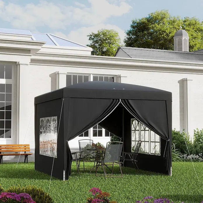 Outsunny Faltpavillon - B x T: 295 x 300 cm, Farbe Dach: Schwarz - Schwarzer Stoffpavillon im Garten mit Tisch und Stühlen, bietet Schatten und Schutz für Treffen im Freien.