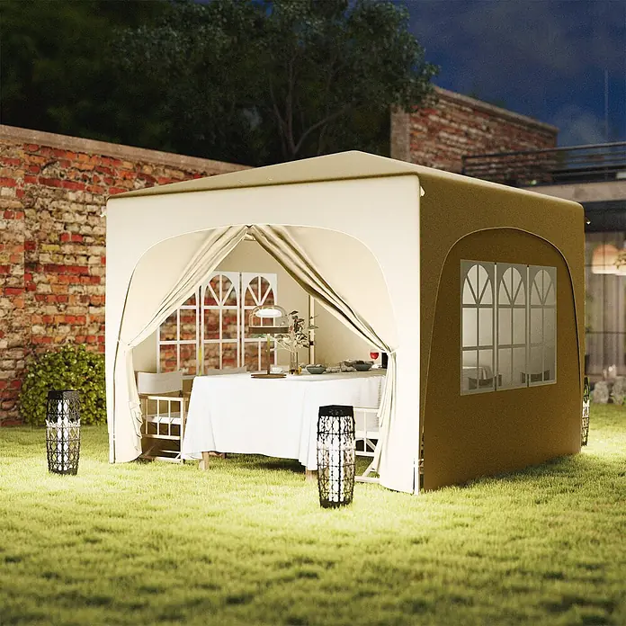 Outsunny Faltpavillon - B x T: 300 x 300 cm, Farbe Dach: Beige - Großes beiges Outdoor-Zelt im Garten bei Nacht, als beleuchteter Essbereich mit Tisch und Stühlen.