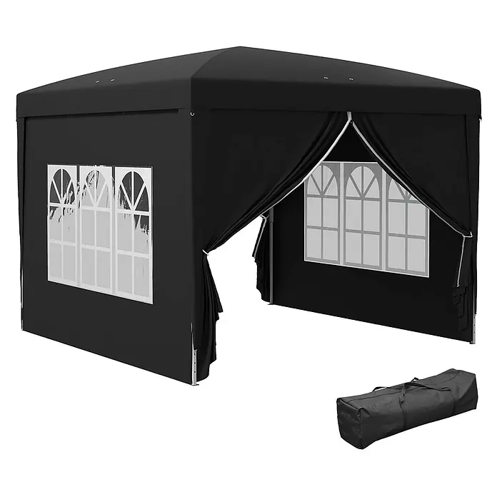 Outsunny Faltpavillon - B x T: 295 x 300 cm, Farbe Dach: Schwarz - Schwarzes Partyzelt/Pavillon mit klaren Bogenfenstern und offenem Eingang, zusammen mit der schwarzen Tragetasche.