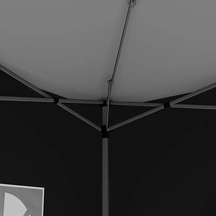 Outsunny Faltpavillon - B x T: 295 x 300 cm, Farbe Dach: Schwarz - Innenansicht eines Pavillons, zeigt das silber-graue Gestell und das weiße Dachgewebe vor dunklen Seitenwänden.