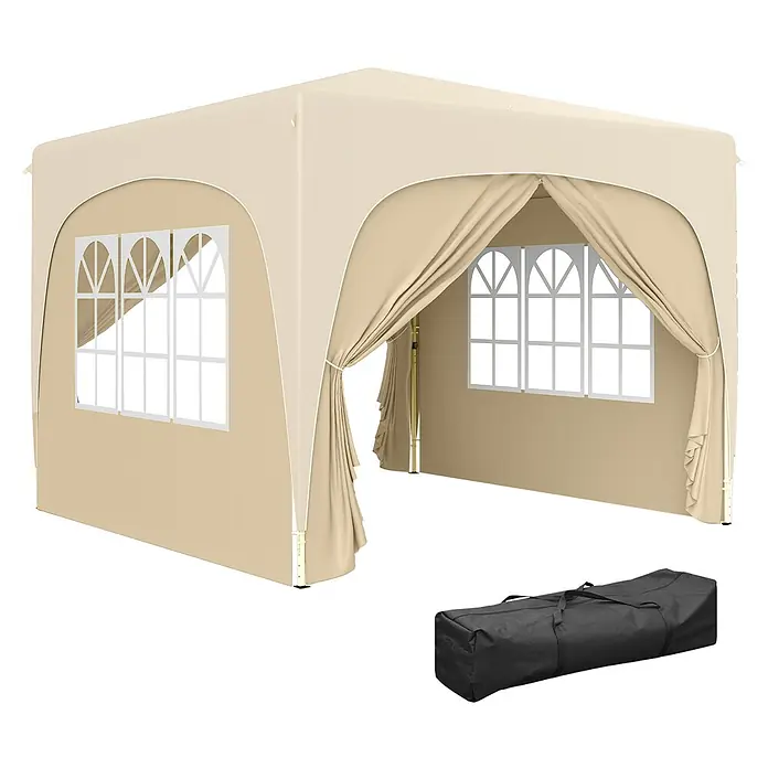 Outsunny Faltpavillon - B x T: 300 x 300 cm, Farbe Dach: Beige - Beiges Festzelt mit Fensterpaneelen, aufgebundenem Eingang und schwarzer Tragetasche.