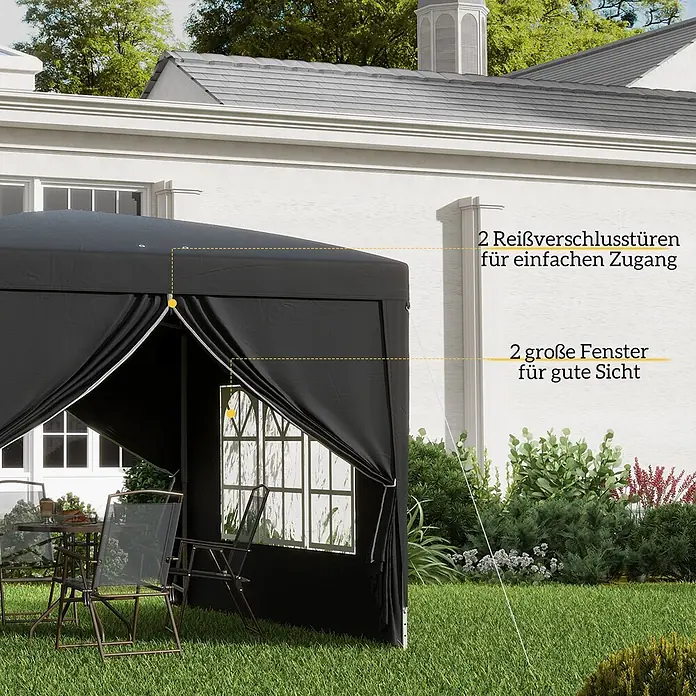 Outsunny Faltpavillon - B x T: 295 x 300 cm, Farbe Dach: Schwarz - Schwarzes Partyzelt im Garten mit 2 Reißverschlusstüren für einfachen Zugang und 2 großen Fenstern für gute Sicht.