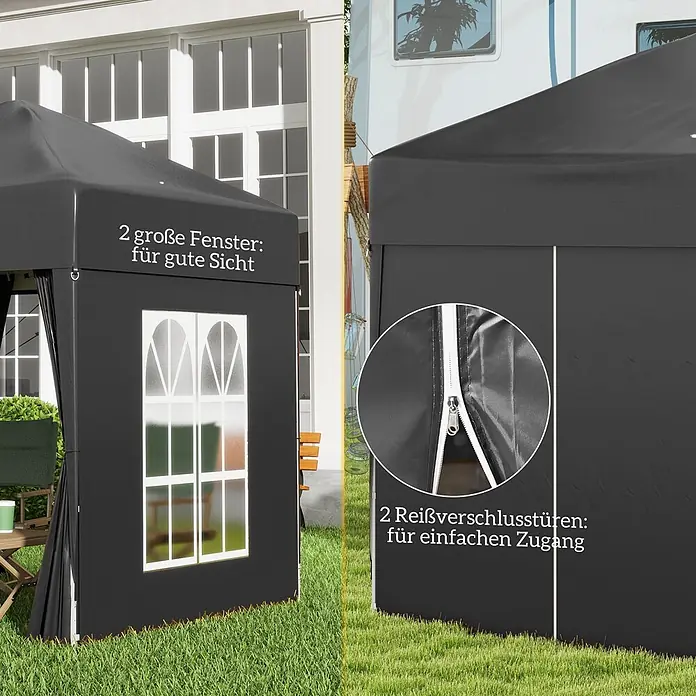 Outsunny Faltpavillon - B x T: 2 m x 200 cm, Farbe Dach: Schwarz - Schwarzes Faltpavillon mit zwei großen Fenstern und zwei Reißverschlusstüren, im Freien aufgebaut.