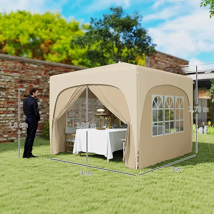 Outsunny Faltpavillon - B x T: 300 x 300 cm, Farbe Dach: Beige - Beiges Gartenpavillon, 3x3x2,73m, in einem Garten mit Mann und Tisch, zur Veranschaulichung der Größe.