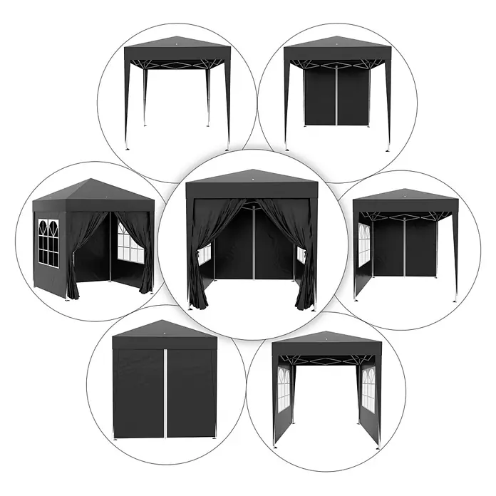 Outsunny Faltpavillon - B x T: 2 m x 200 cm, Farbe Dach: Schwarz - Schwarzer sechseckiger Pavillon in verschiedenen Konfigurationen: offen, mit festen Seitenwänden, Fenstern und zurückgebundenen Eingängen.