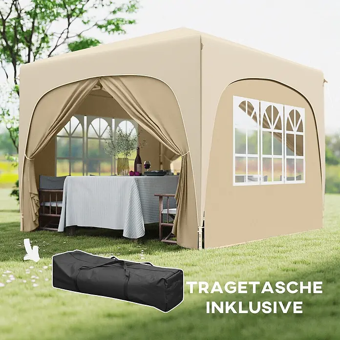 Outsunny Faltpavillon - B x T: 300 x 300 cm, Farbe Dach: Beige - Beiger Gartenpavillon im Freien aufgebaut, mit schwarzer Tragetasche auf dem Rasen.
