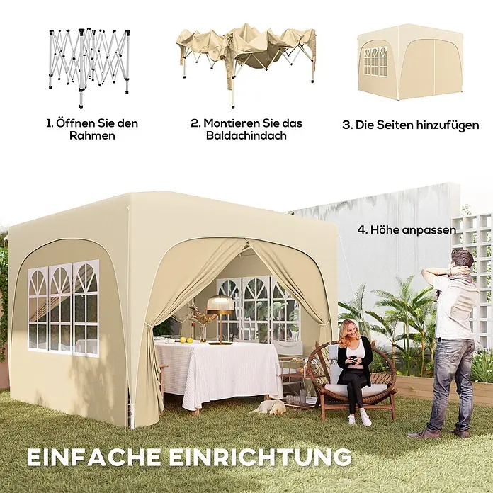 Outsunny Faltpavillon - B x T: 300 x 300 cm, Farbe Dach: Beige - Beiges Pop-up-Pavillon mit Seitenwänden und Bogenfenster-Designs, montiert in einem Garten.