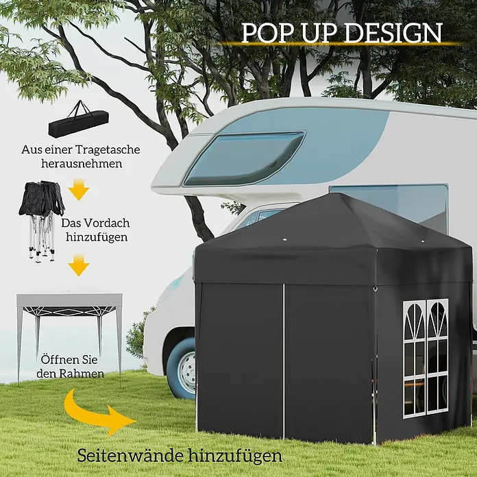 Outsunny Faltpavillon - B x T: 2 m x 200 cm, Farbe Dach: Schwarz - Schwarzes Pop-up-Pavillon in Aufbauschritten, von der Tragetasche bis zur vollständigen Montage mit Seitenwänden, neben einem Wohnmobil.
