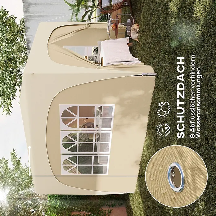 Outsunny Faltpavillon - B x T: 300 x 300 cm, Farbe Dach: Beige - Beiges Partyzelt im Garten mit Schutzdach, 8 Abflusslöchern gegen Wasseransammlungen, UV- und Wetterschutz.