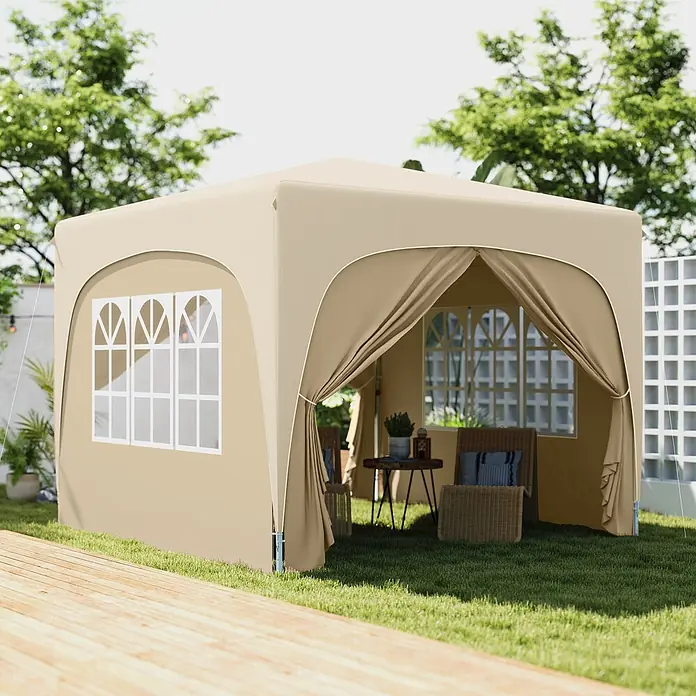 Outsunny Faltpavillon - B x T: 300 x 300 cm, Farbe Dach: Beige - Beiges Partyzelt mit Fenstern, bietet einen schattigen Bereich mit Möbeln.