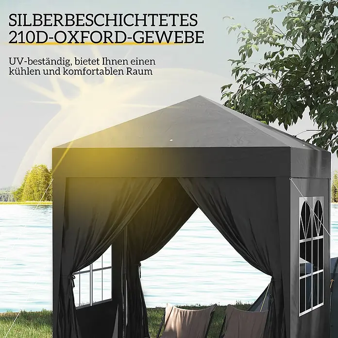 Outsunny Faltpavillon - B x T: 2 m x 200 cm, Farbe Dach: Schwarz - Dunkelgrauer Pavillon aus silberbeschichtetem 210D-Oxford-Gewebe, UV-beständig für kühlen Komfort im Freien.