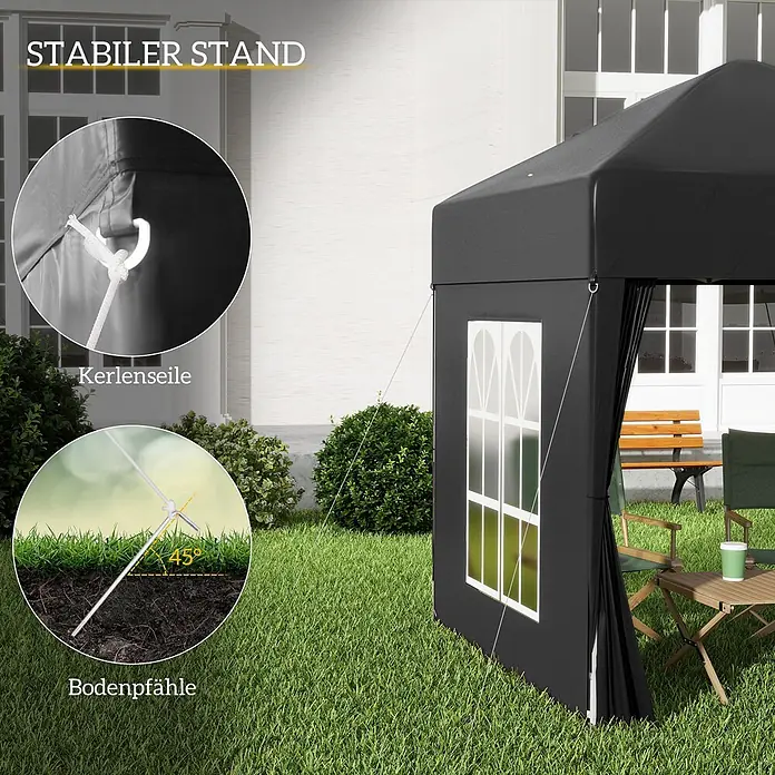 Outsunny Faltpavillon - B x T: 2 m x 200 cm, Farbe Dach: Schwarz - Schwarzes Partyzelt im Garten, mit Nahaufnahmen von Abspannseilen und 45-Grad-Bodenpfählen für Stabilität.