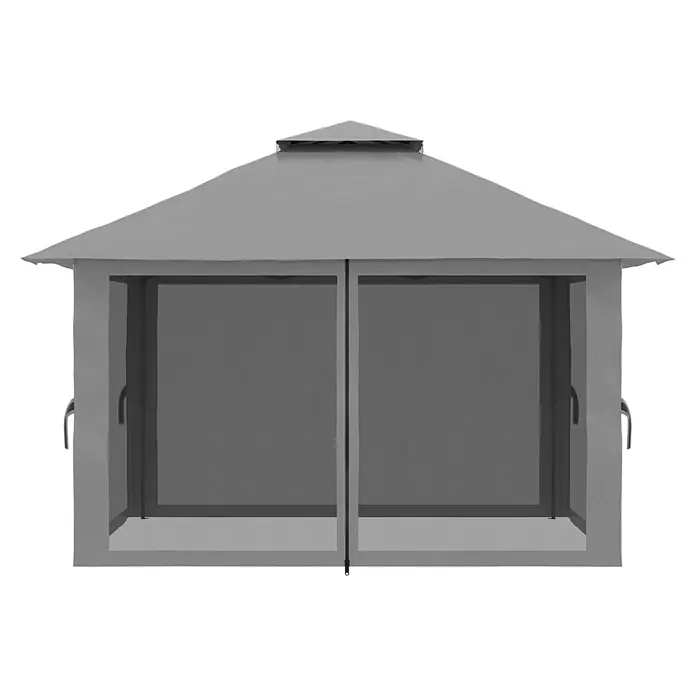 Outsunny Faltpavillon - Farbe Dach: Dunkelgrau - Grauer Outdoor-Pavillon mit mehrstufigem Dach und Moskitonetzen, mit Reißverschluss an der Vorderseite.