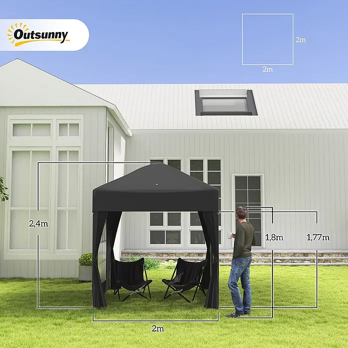Outsunny Faltpavillon - B x T: 2 m x 200 cm, Farbe Dach: Schwarz - Schwarzer Pavillon mit Netzseiten, im Garten gezeigt, mit einer Person und Maßangaben zur Skalierung.