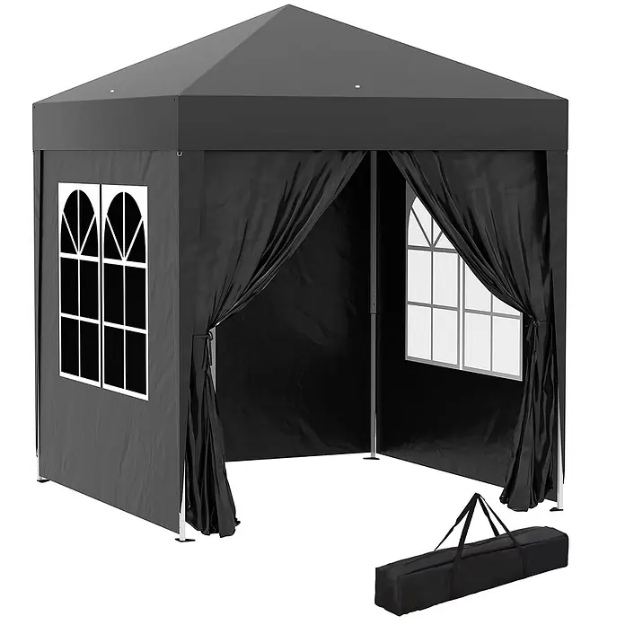 Outsunny Faltpavillon - B x T: 2 m x 200 cm, Farbe Dach: Schwarz - Schwarzer Faltpavillon mit Fensterbögen und passender Tragetasche.