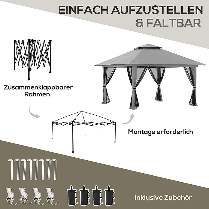 Outsunny Faltpavillon - Farbe Dach: Dunkelgrau - Grauer Pavillon mit faltbarem Rahmen, Montageanleitung und Zubehör (Heringe, Seile, Sandsäcke).