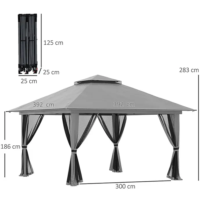 Outsunny Faltpavillon - Farbe Dach: Dunkelgrau - Grauer Faltpavillon mit schwarzen Netzwänden, zusammen- und auseinandergeklappt dargestellt.