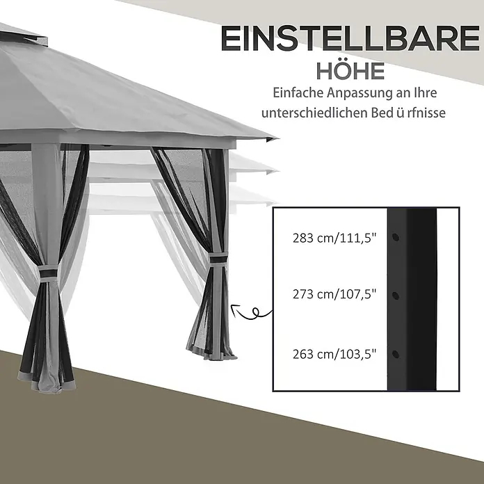 Outsunny Faltpavillon - Farbe Dach: Dunkelgrau - Grauer Pavillon mit schwarzen Netzwänden, der seine verstellbare Höhe (263-283 cm) zeigt.