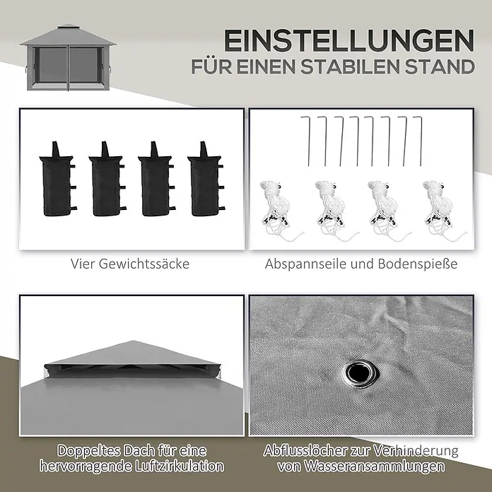 Outsunny Faltpavillon - Farbe Dach: Dunkelgrau - Ein grauer Pavillon mit Doppeldach, Gewichtssäcken, Abspannseilen und Abflusslöchern für Stabilität und Luftzirkulation.