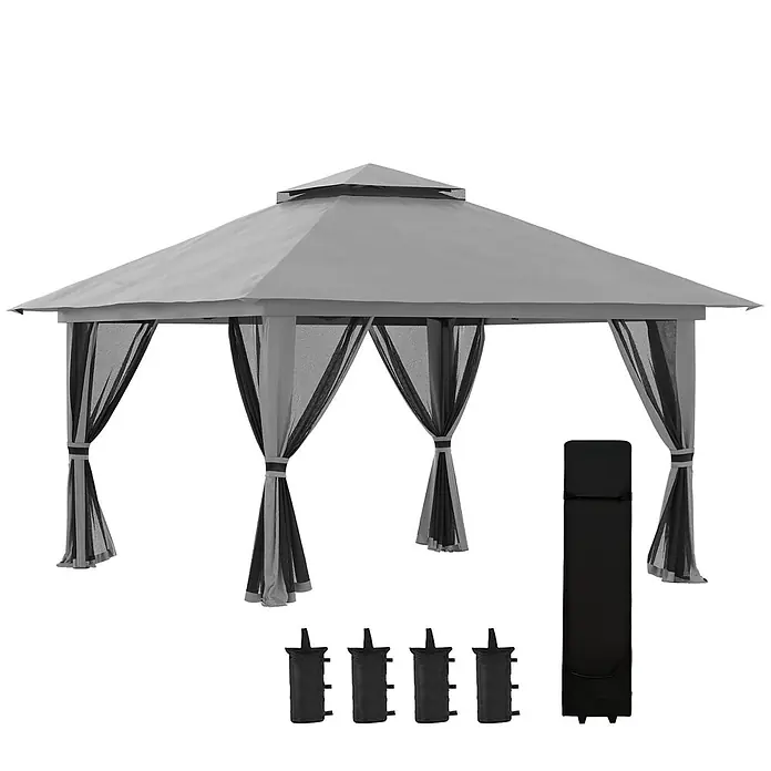 Outsunny Faltpavillon - Farbe Dach: Dunkelgrau - Grauer Pavillon mit schwarzen Netzwänden, vier Gewichtsbeuteln und einer Aufbewahrungstasche.