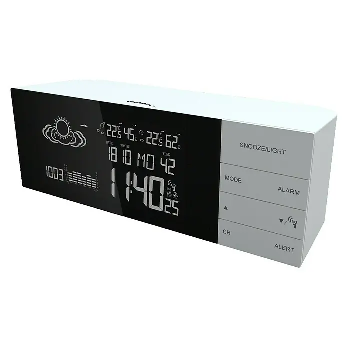 Technoline Wetterstation WS6870 - Anzeige: LED, Netzbetrieben, Weiß, Schwarz, 4 x 23 x 8,4 cm - Eine digitale Wetterstation mit Anzeige von Uhrzeit, Datum, Temperatur und Luftdruck, ideal für den Nachttisch.