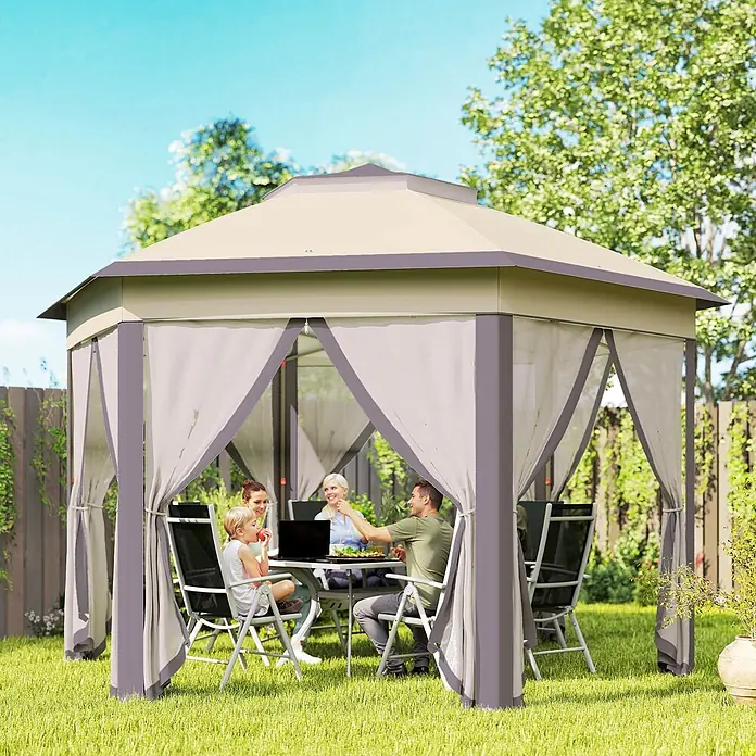 Outsunny Faltpavillon - B x T: 3,4 m x 340 cm, Farbe Dach: Beige - Beiges und graues Outdoor-Gartenpavillon mit einer Familie beim Essen und Laptopnutzung an einem sonnigen Tag.