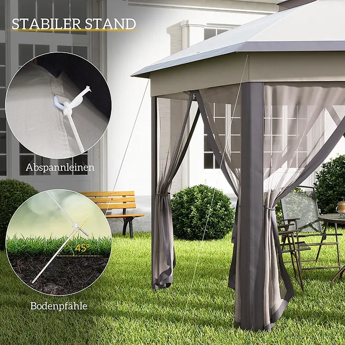 Outsunny Faltpavillon - B x T: 3,4 m x 340 cm, Farbe Dach: Beige - Grauer Gartenpavillon mit transparenten Netzwänden, gesichert durch weiße Abspannleinen und 45-Grad-Bodenpfähle für Stabilität im Garten.