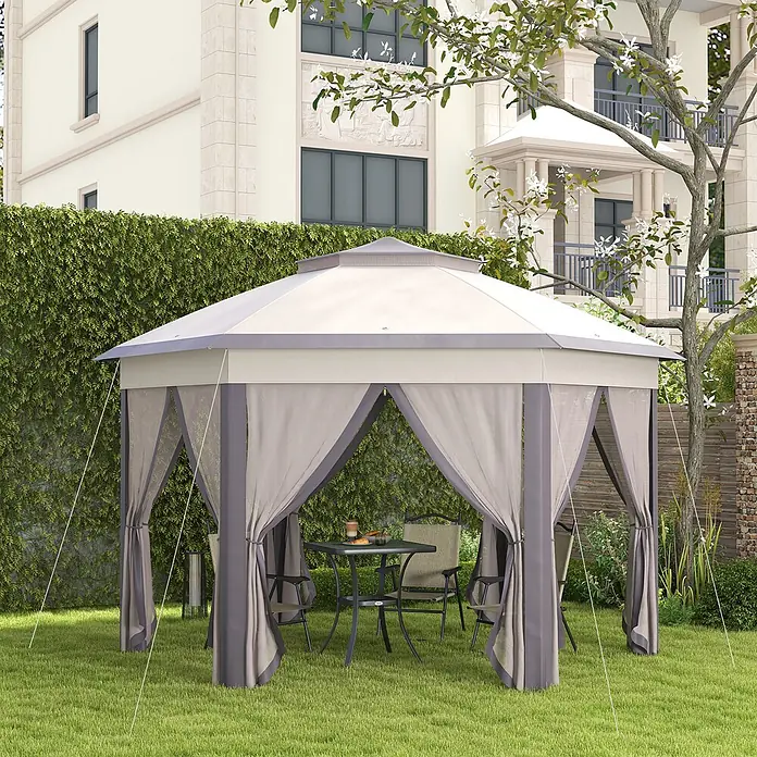 Outsunny Faltpavillon - B x T: 3,4 m x 340 cm, Farbe Dach: Beige - Achteckiger Pavillon mit beigem Dach und grauen Seitenwänden, im Garten mit Esstisch und Stühlen.