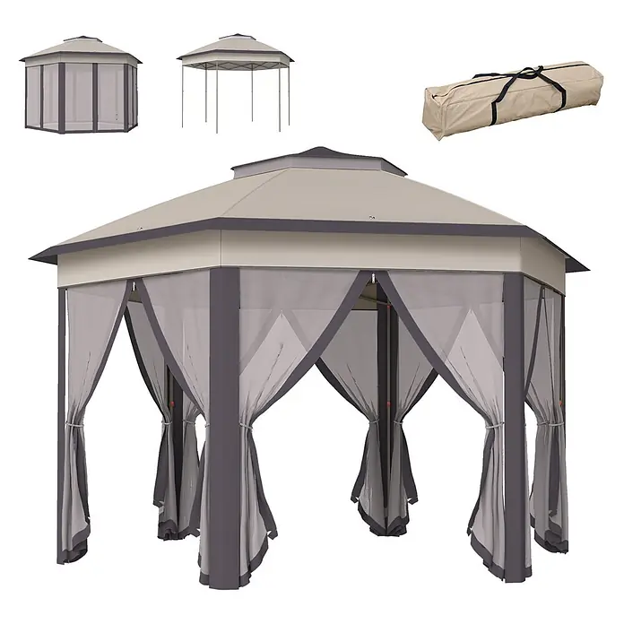 Outsunny Faltpavillon - B x T: 3,4 m x 340 cm, Farbe Dach: Beige - Beiges und dunkelgraues sechseckiges Pop-up-Pavillon mit Netzseitenwänden und zurückgebundenen Vorhängen, plus Tragetasche.