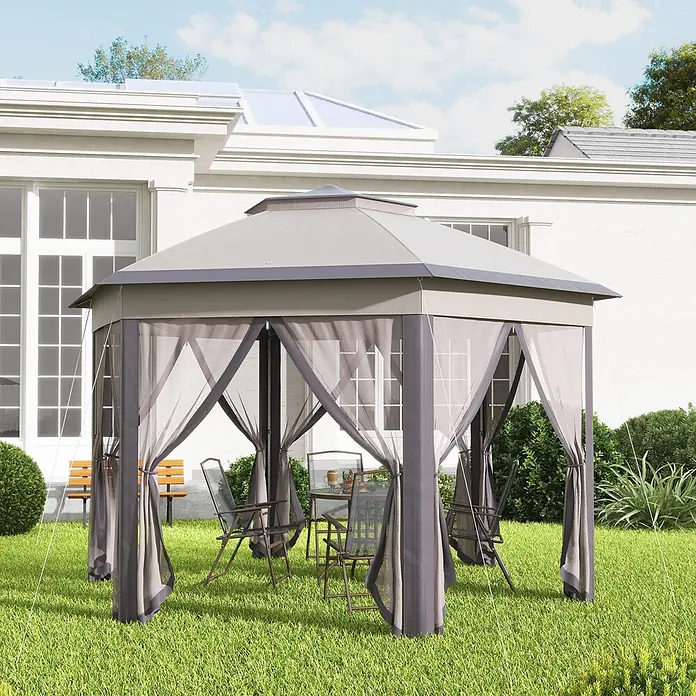 Outsunny Faltpavillon - B x T: 3,4 m x 340 cm, Farbe Dach: Beige - Ein grauer Outdoor-Pavillon mit dunklen Netzdurchhängen, mit Tisch und Stühlen.