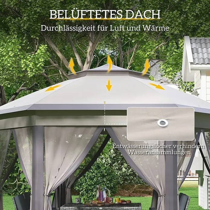 Outsunny Faltpavillon - B x T: 3,4 m x 340 cm, Farbe Dach: Beige - Beiges Gartenpavillon mit belüftetem Dach für Luftzirkulation und Entwässerungslöchern zur Wasservermeidung.