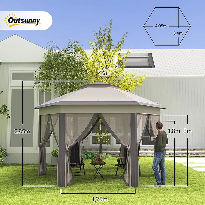 Outsunny Faltpavillon - B x T: 3,4 m x 340 cm, Farbe Dach: Beige - Hexagonales hellgraues Pavillon mit dunkelgrauen Netzvorhängen im Garten, 4,05m breit und 2,85m hoch.