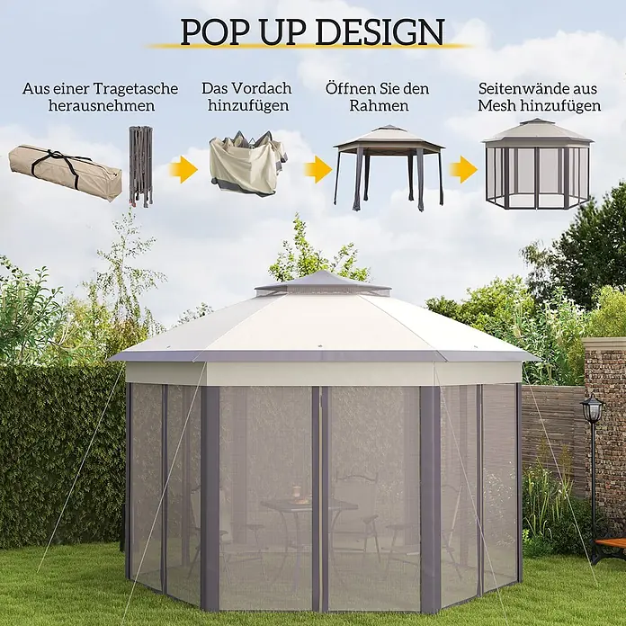Outsunny Faltpavillon - B x T: 3,4 m x 340 cm, Farbe Dach: Beige - Aufbau eines beigefarbenen und grauen Pop-up-Gartenpavillons mit Netz-Seitenwänden in 4 Schritten vom Tasche bis zur vollständigen Montage.