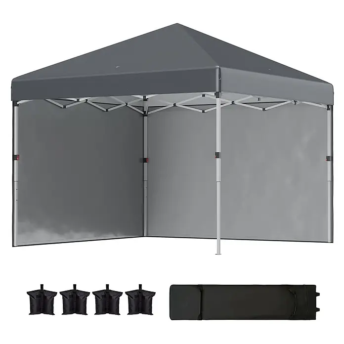 Outsunny Faltpavillon - B x T: 297 x 300 cm, Farbe Dach: Dunkelgrau - Tragbares graues Faltpavillon mit Seitenwänden, vier schwarzen Sandsäcken und einer kompakten Tragetasche.