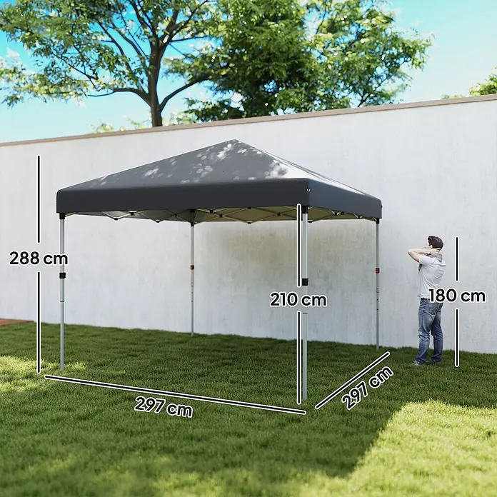 Outsunny Faltpavillon - B x T: 297 x 300 cm, Farbe Dach: Dunkelgrau - Dunkelgraues Pop-up-Pavillon. Maße (297x297 cm, Höhe 288 cm, Eingang 210 cm) gezeigt, mit 180 cm Person zur Größenbestimmung.
