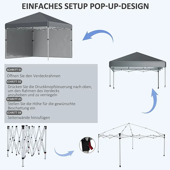 Outsunny Faltpavillon - B x T: 297 x 300 cm, Farbe Dach: Dunkelgrau - Aufbauanleitung für einen grauen Pop-up-Pavillon, zeigt den Rahmenaufbau und das vollständig aufgestellte Zelt mit Seitenwänden.