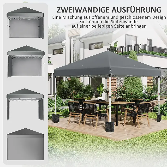 Outsunny Faltpavillon - B x T: 297 x 300 cm, Farbe Dach: Dunkelgrau - Dunkelgraues Faltpavillon mit konfigurierbaren Seitenwänden auf einer Holzterrasse im Garten, darunter Essmöbel.