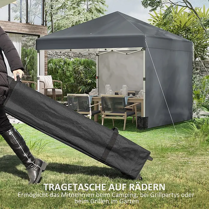 Outsunny Faltpavillon - B x T: 297 x 300 cm, Farbe Dach: Dunkelgrau - Dunkelgraues Pavillon im Garten, mit schwarzer Tragetasche auf Rädern im Vordergrund.