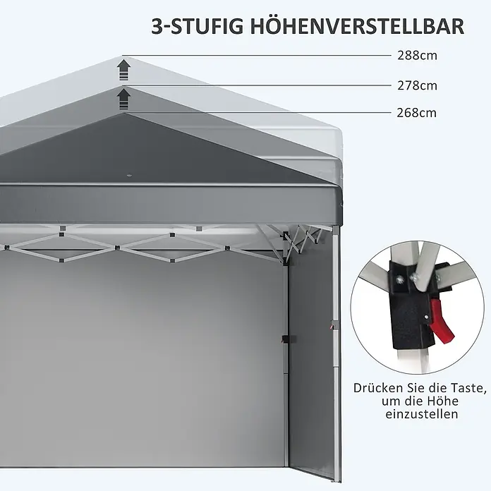 Outsunny Faltpavillon - B x T: 297 x 300 cm, Farbe Dach: Dunkelgrau - Graues Faltpavillon mit 3-stufiger Höhenverstellung (268-288cm) und Einstellknopf.