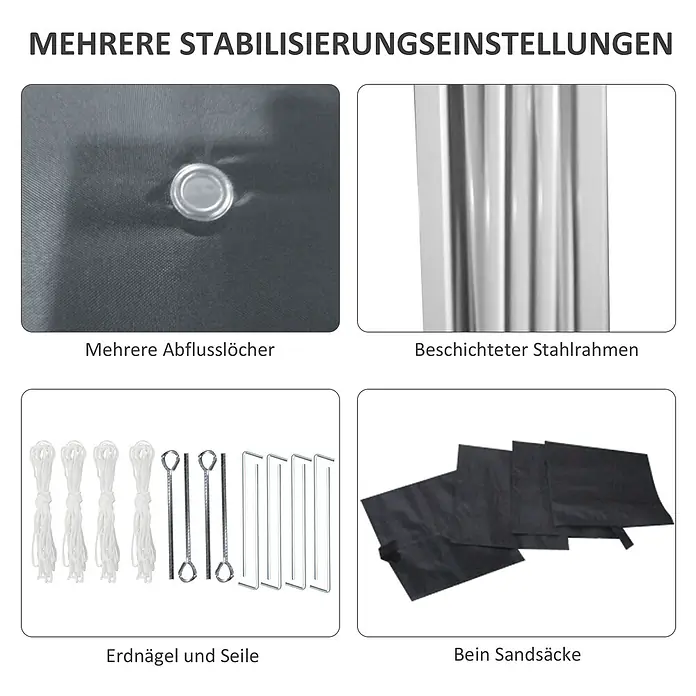 Outsunny Faltpavillon - B x T: 297 x 300 cm, Farbe Dach: Dunkelgrau - Verschiedene Stabilisierungskomponenten: Gewebe mit Ablauflöchern, beschichteter Stahlrahmen, Erdnägel, Seile und Sandsäcke.