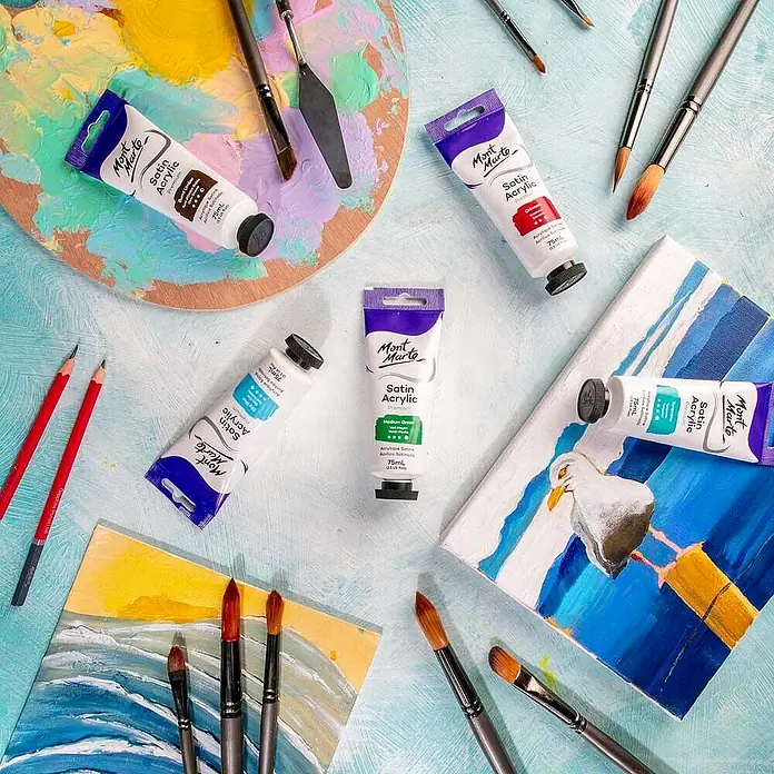 Mont Marte Acrylfarbe Premium - Mittelgrün, 75 ml, Tube - Mont Marte Satin Acrylfarben in verschiedenen Farben, Pinsel und Bilder als Malzubehör.